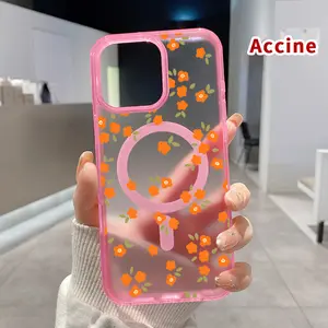 Magnetic Soft Case for iPhone 15 16 14 Pro Max 13 12 11 XR XS Plus E Drop Protection Transparent  Orange flower motif Pattern Shockproof Silicone Cover Supports Wireless Charging