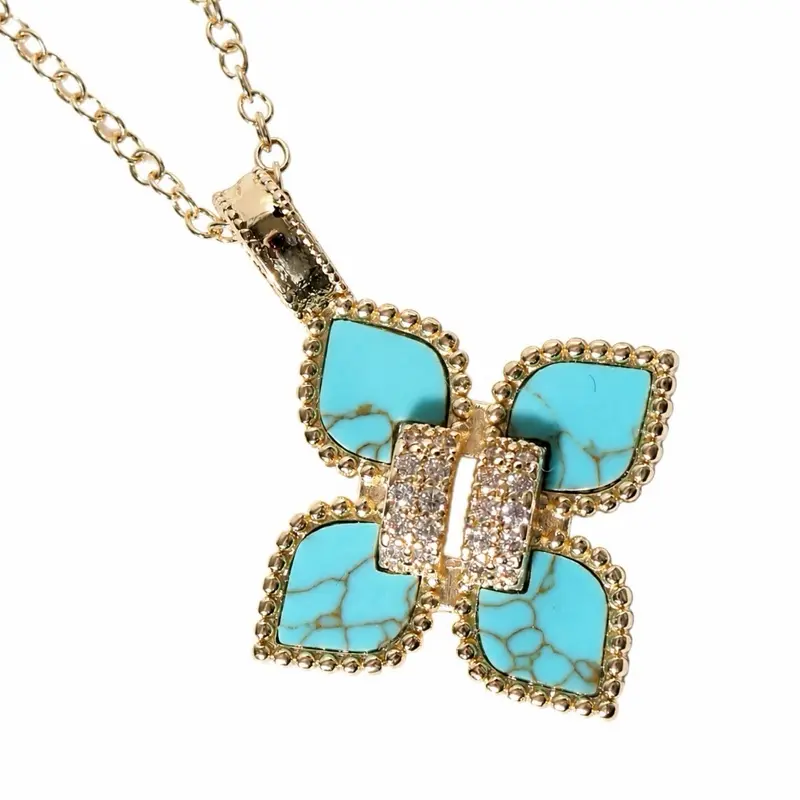 Plated Clover Necklace with Turquoise Magnesite and CZ Accents