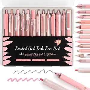 13Pack Pastel Gel Ink Pen Set with Case, Cute Retractable 0.5mm Fine Point Pens, 12 Pink Pens & 1 Highlighter for Smooth Writing, Aesthetic Supplies