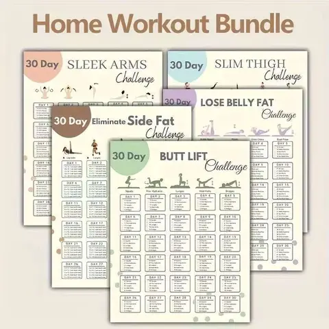 30-Day Home Workout Challenge Poster Set, 10 Fitness Plans for Arms, Legs, Abs & Side Fat-Burning, Fitness Goals Posters, Visual Learning Tools, Unframed 8x10-Inch Size