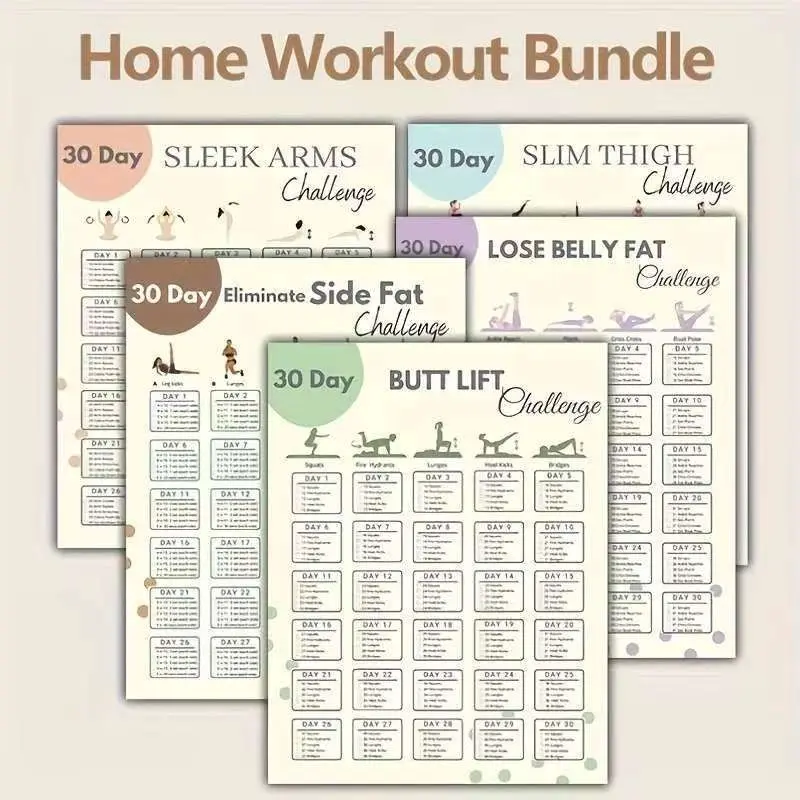 30-Day Home Workout Challenge Poster Set, Office Supplies, 10 Fitness Plans for Arms, Legs, Abs & Side Fat Burner, Unframed 8x10 Inches