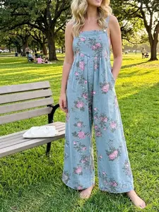EG fashion Cotton Floral High Waist Wide Denim Jumpsuit