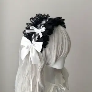 Gothic Lolita Black & White Lace Headband - Sweet Grunge Bow Hair Accessory for Halloween, Alt Style Enthusiasts