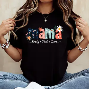 Floral Mama With Names Personalized T-Shirt  Crew Neck Casual Motherhood Gift For Women