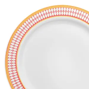 White with Red and Gold Chord Rim Plastic Dinner Plates (10.25")