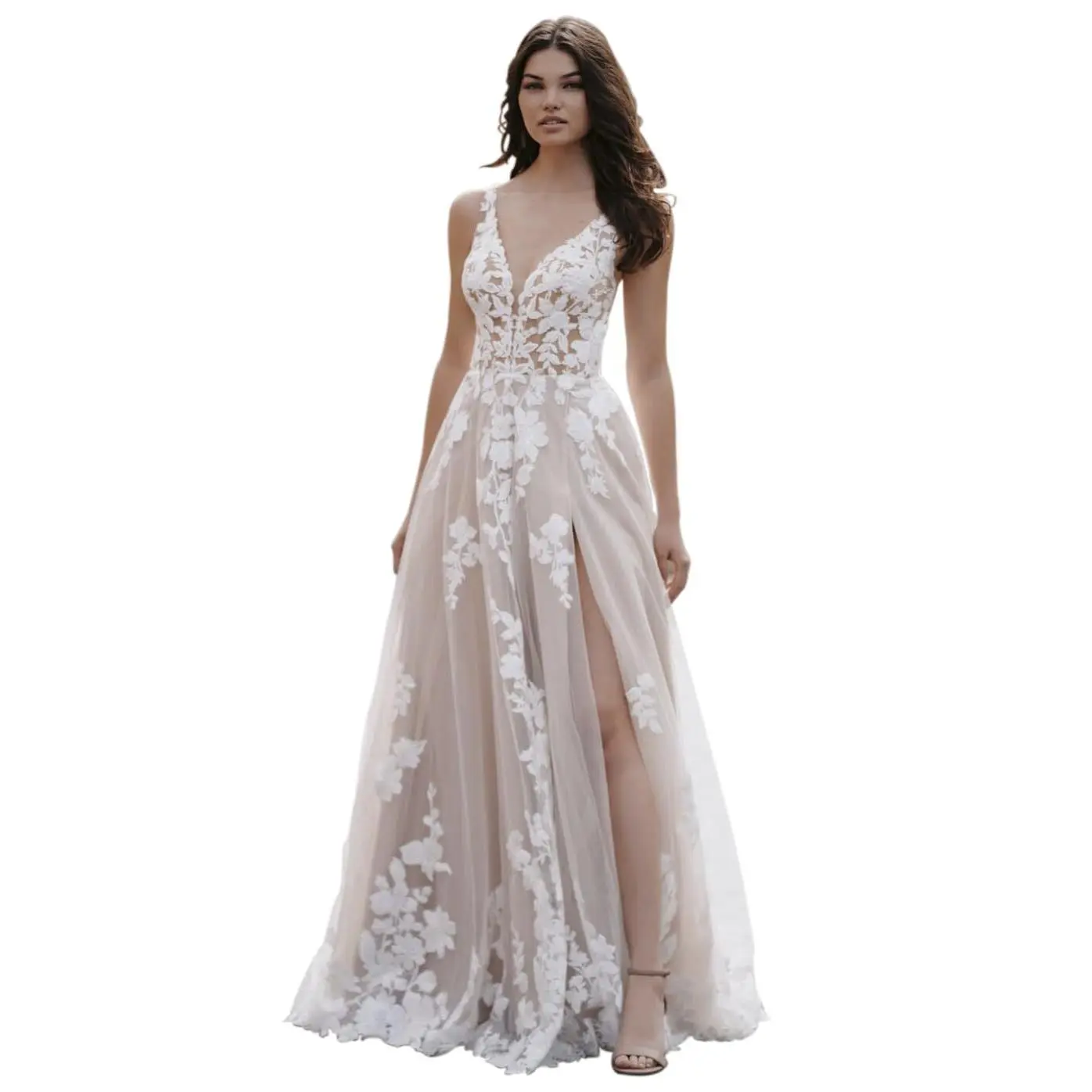 Loyeloy V Neck Beach Wedding Dresses for Women 2023 Boho A-Line Lace Slit Elegant Bridal Wedding Gowns for Bride Champagne 14