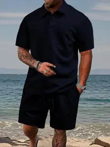 Men's Solid Textured Polo Shirt & Drawstring Waist Shorts Set, Cozy Breathable Casual Two-piece Outfits for Daily Outdoor Wear, Men Clothes for Summer