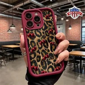 Trendy Leopard Cherry Pattern Design Case for iPhone 17 16 15 14 Pro Max 13 12 11 XR XS Plus Air Shockproof Anti Drop Protective Slim Lightweight TPU Phone Cover