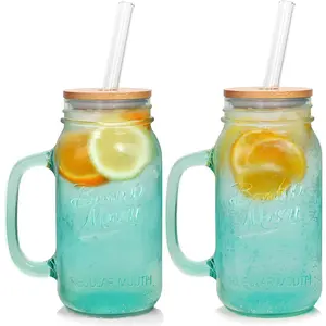 Mason Jar with Handle - Colorful Drinking Glasses Colored Glass Cups with  and Straws Colored Glasses Drinking Set of 2 Mason Jars Iced Coffee Cups Tumblers Smoothie Water Bottles