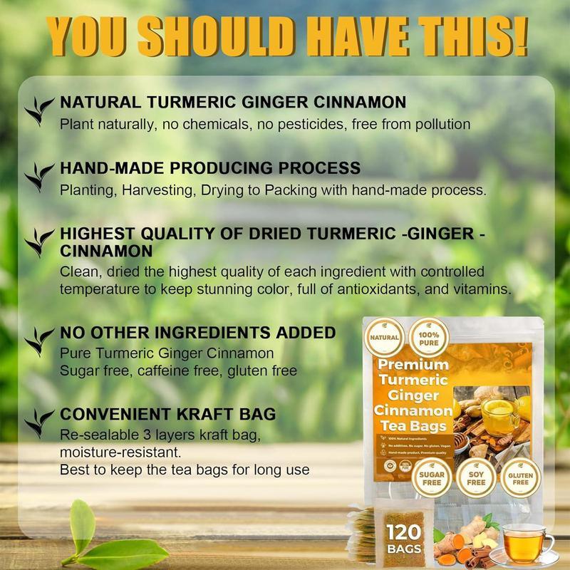 120 Bags Turmeric Ginger Cinnamon Tea, 100% Natural, Anti-Inflammatea. Eco-conscious Tea Bags. Turmeric Ginger Herbal Tea. No Sugar, No Caffeine, No Gluten, Vegan. antiinflamma tea, looseleaf tea Beverage anti in flama tea ginger caffeine free