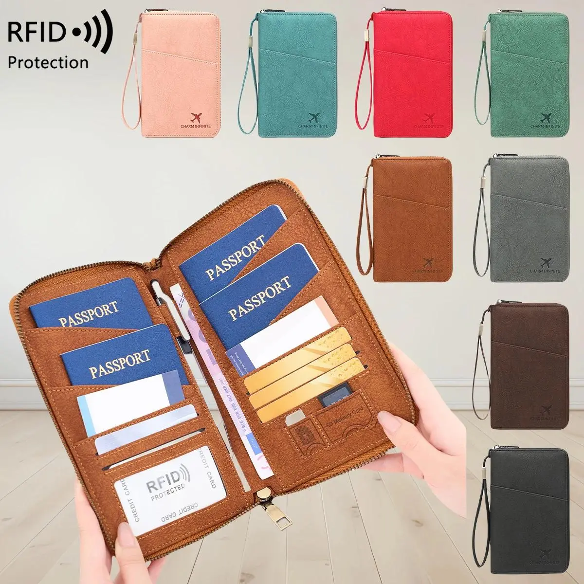 Solid Zippered Passport Wallet for Families, Large Capacity RFID Anti-Theft Travel Organizer for Documents & Tickets