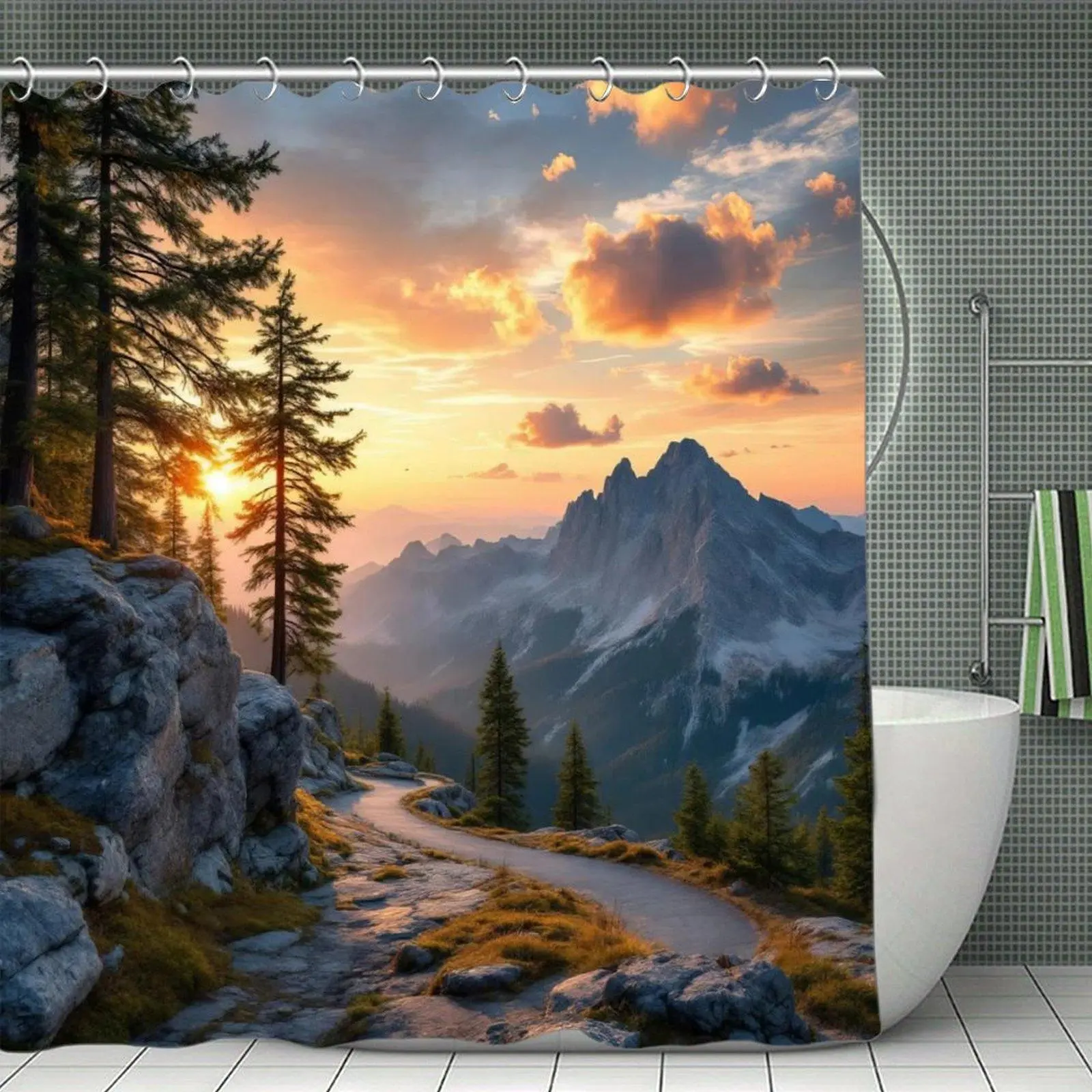 Decorative Shower Curtain with Alpine Mountain Trail, Golden Hour Forest Scenery, Plastic Accents, and Stainless Steel Accents for Bathroom Bathtub Use