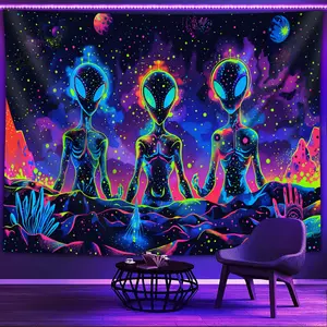 1pc Three Mysterious Aliens- Glow In The UV Light Tapestry, Large Size Peach Skin Fluorescent Tapestry, Bedroom Aesthetic Hanging Tapestry for Party Festival, Bedroom Office Living Room Home Decor, Wall Decoration with Free Accessories