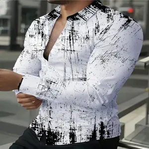 Men's Long-Sleeve Polo Shirt - Menswear, Polyester Fabric, Geometric Abstract Line Art Graffiti Print, Turn-Collar, Loose-Fitting Casual Versatile Top for Youth