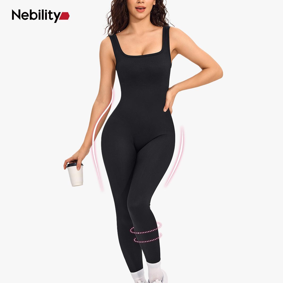 Nebility Women's Workout Seamless Yoga Ribbed Bodycon Jumpsuit Cut Out Asymmetric One Piece Leg Lengthening Tank Top Leggings Romper Stylish Activewear Stretchable All Season Solid Color Sports Jumpsuit