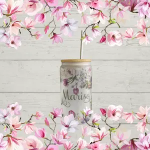 Custom Frosted 16 OZ Iced Coffee Glass | Personalized Cups Frosted Glass Tumbler Floral Beer Glass Can Gift for Her Mom's Gift