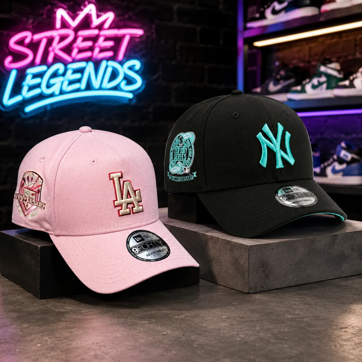 New Era 9FORTY Adjustable Baseball Cap Collection, Embroidered City Logo Curved Visor Hats with Side Patch for Men & Women