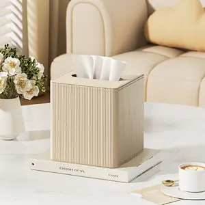 Square Tissue Box, PU Leather with Magnetic Sealed Lid, Roman Column Stripe Design, Suitable for Living Room, Bathroom, Bedroom, or Office