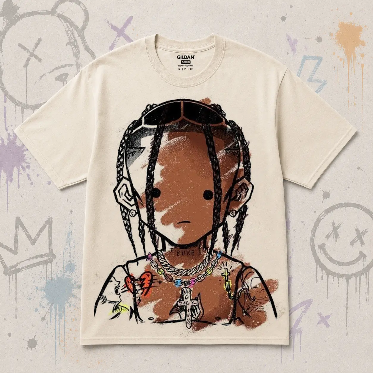 Retro Cartoon Braids Doll Graphic Tee, Urban Street Art Character Shirt, Navy Vintage Hip Hop Aesthetic Tee, Y2K Graffiti Style Unisex T-Shirt, Gildan 5000 Heavy Cotton