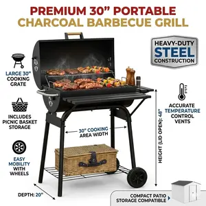 Elon 30 Inch Portable Charcoal Barbecue Grill with Wheels Heavy Duty Outdoor Barbecue Smoker Rolling Grill Cart for Backyard Cooking Station Patio Entertaining Tailgating Cooker and Travel Camping Picnic Equipment