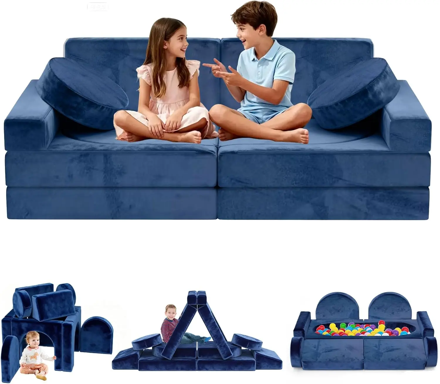 Kids 12-Piece Modular Foam Play Couch Furniture Set, Soft Velvet Design, Fun Playful Convertible Toddler Sofa, CPC Certified, Machine Washable, Stacking, Expandable in 48hrs for Creative Playrooms, Creativity