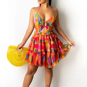 summer spring clothes new dress 2025 fashion printed dress sexy hollow strap dresses casual beach dress short dresses Light Womenswear Check Bohemian Boho Green Sleeveless