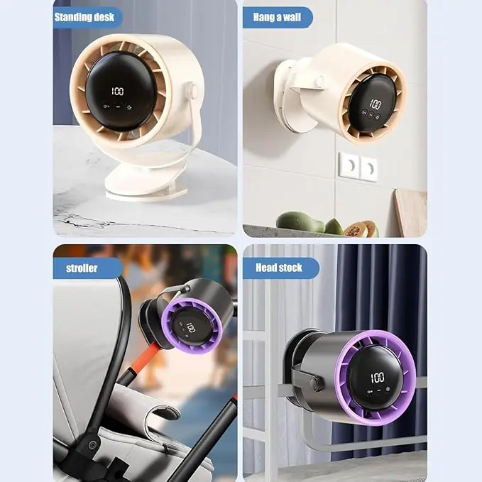 Wall Mounted & Desk Fan with USB Rechargeable Battery, Adjustable Air Circulation Fan, Bladeless Portable Table Fan with Touch Display, Auto Timer & Silent Cooling for Home Office Travel