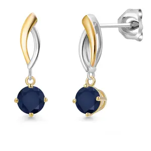 925 Silver and 10K Yellow Gold Blue Sapphire Dangle Earrings for Women | 1.20 Cttw | Gemstone September Birthstone | Round 5MM