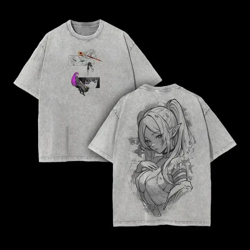 Men's Frieren x Fern Beyond Journey's End Oversized Vintage Washed Heavyweight Cotton Streetwear T-Shirt - Unisex Crew Neck Short-Sleeve Menswear, Stylish Casual Fit Premium Fabric Double-Printed Anime Manga Boyfriend Apparel, Vintage T-Shirts Top Clothes