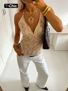 Women's Floral Embroidered Camisole Top, Boho Fashion Casual Sleeveless Fitted Spaghetti Strap Top for Daily Holiday Vacation Wear, Ladies Clothes for Summer Womenswear