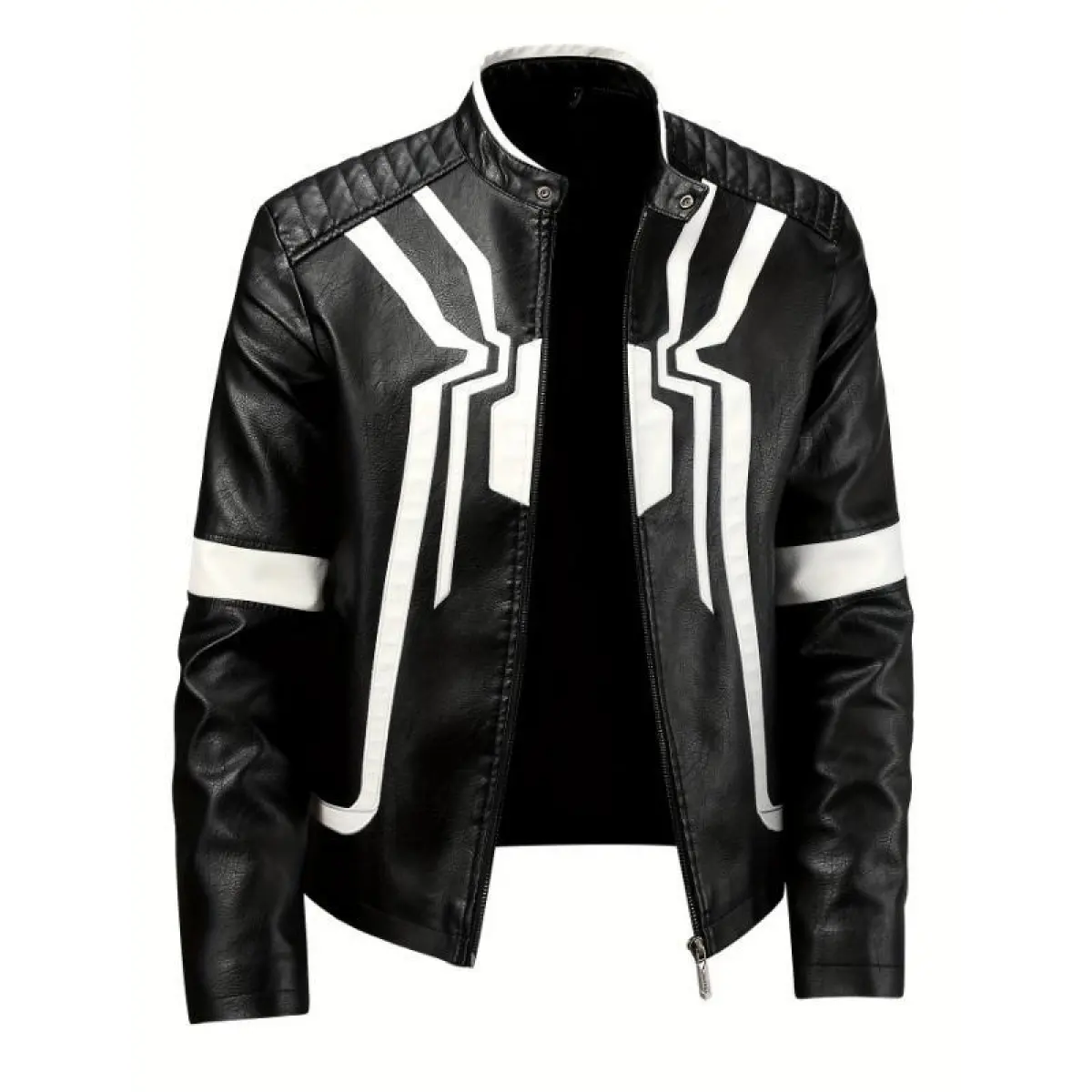 2026 Men's -Blocked Spider Pattern Stylish Faux PU Jacket with Multiple Pockets, Classic Pilot Motorcycle Design, Men's Hoodie, Casual Jacket, Men's Apparel, Featuring Trendy and Casual Solid