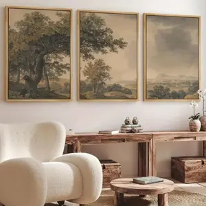 3pcs Vintage Style Wall Art Canvas Prints with Wooden Frame, Realistic Tree Mountain Landscape, Home Decor, Art Wall Decoration, Mdf Material, Made in China, Set