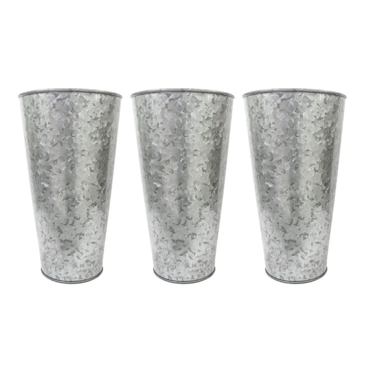 Galvanized French Bucket Vases - Set of 3 - 5 D x 9 H Rustic Metal Flower Containers for Floral Arrangements, Farmhouse & Vintage Home Decor