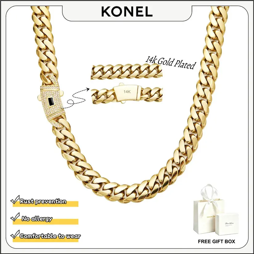 Konel 14K Real Gold-plated Miami Cuban chain necklace features a brand-new anti-rust technology, making it water-resistant, fade-resistant and low-allergenic. It can be paired with various outfits and is a must-have necklace for the back-to-school season.