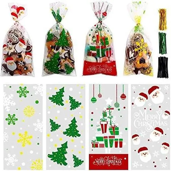 200 Pcs Christmas Cellophane Treat Bags, Xmas Clear Cello Gift Bags Candy Goodies Bags with Twist Ties for Christmas Party Supplies