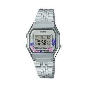 Casio Women’s Slim Digital Watch with Floral Face and Stainless Steel Bracelet - LA-680WA-4CDF