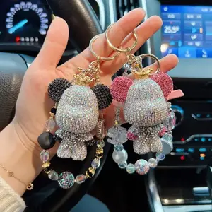 2025 New Creative Full  Panda Color Matching Big Head Bear Keychain Personalized Bead Chain Bag Hanging Decoration Car Pendant For Women
