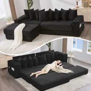 [NEW AIVED] [VIDEO PROVIDED] 110.75" Modular L Shaped Sofa, Corduroy Fabric Sectional Couch,With a movable footstool, Cup Holders,Bring 8 throw pillows,Side Pocket,Unfold into a Bed,Black