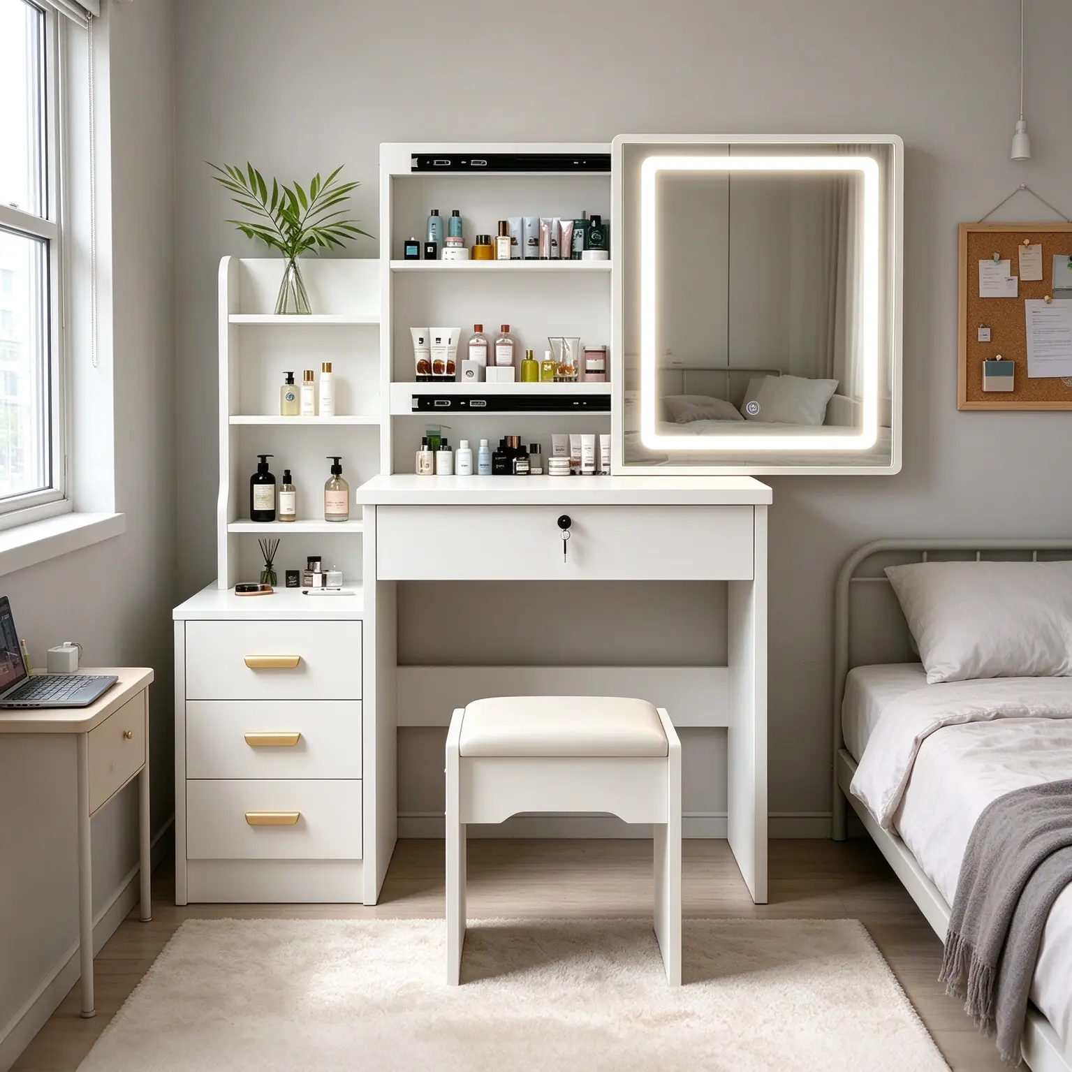 White vanity includes LED mirror; bedroom makeup table with drawers and comfortable stool; suitable for teens and adults; ideal for home dressing rooms or bedrooms. storage fabric blackfriday sale sturdy indoor furniture
