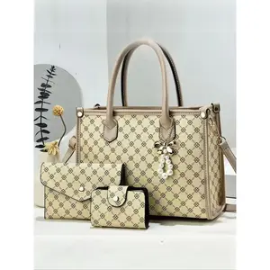 Elegant 3-Piece Handbag Set, Large Capacity Zipper Closure, Stylish Plaid Pattern, Includes Coin Purse & Card Holder, Handbag Wallet Set