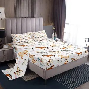 Feelyou Girls' Horse Bedding Set - Multi-Size Decorative Bedsheet Sets, Brown Horse Prints, Flower Accents, Soft Breathable Deep Pocket Sheets, Farm Theme Room Decor