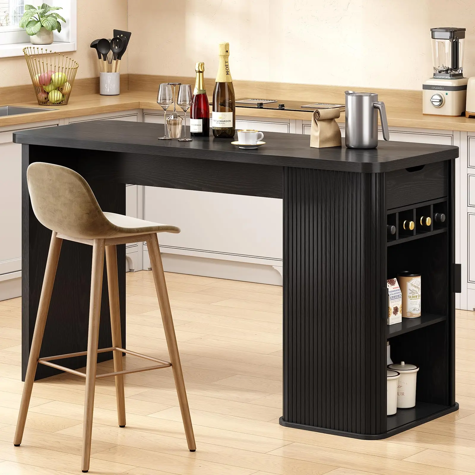 ONBRILL 59 Inch Kitchen Island with Storage, Fluted Counter Height Table, Mid-Century Modern Kitchen Island Table with Sliding Door, Home Bar Tables with Wine Rack and Drawers