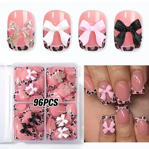 96 Pcs Leopard Print Bow Nail Tips, Sweet Girl Y2K Glossy Removable Nail Set, Includes Jelly Glue & File, Perfect for Daily Use, Parties, Photoshoots