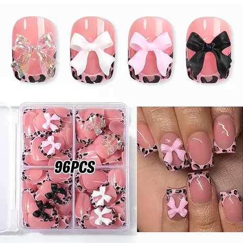 96 Pcs Leopard Print Bow Nail Tips, Sweet Girl Y2K Glossy Removable Nail Set, Nail Kit, Nail Art Supplies, Includes Jelly Glue & File, Perfect for Daily Use, Parties, Photoshoots, Fake Nails