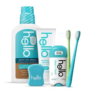 Hello Adult Starter Bundle - Fluoride-Free Toothpaste, Mouthwash, Floss, Soft-Bristle Toothbrushes, Aluminum-Free Deodorant for Fresh Breath and Clean Teeth