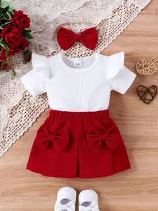 Baby Girl Summer Sweet Set, Striped Sleeveless T-Shirt Top, Wine Corduroy Pleated Skirt, Matching Bow Headband & Hair Tie