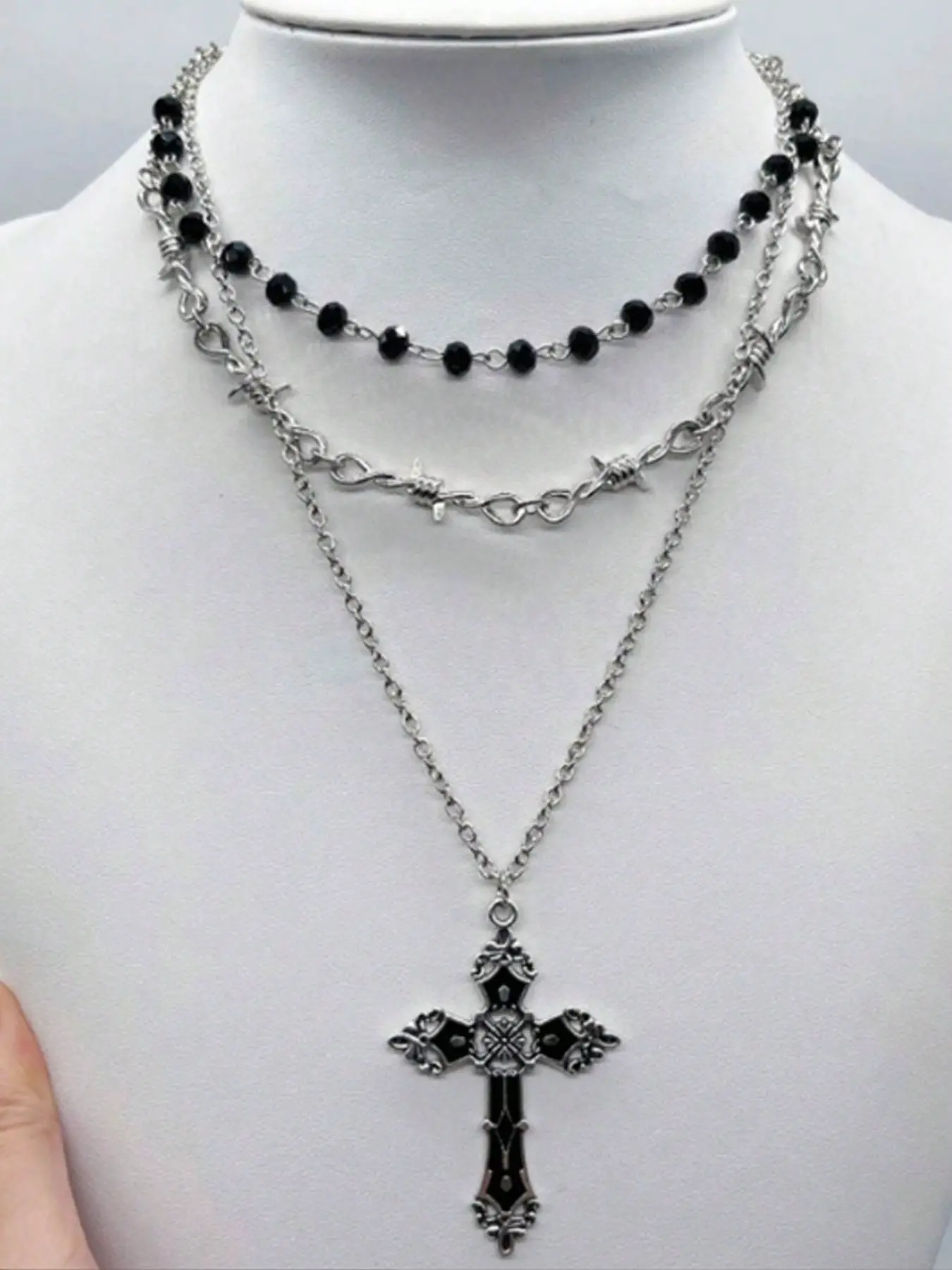 3pcs Vintage Gothic Style Necklace Set, Deep Color Luxury Punk Cross and Thorn Layered Necklace, Boho Style Beaded Stackable Bohemian Unisex Jewelry, Exquisite Chain Jewelry, Gothic Mystery Jewelry
