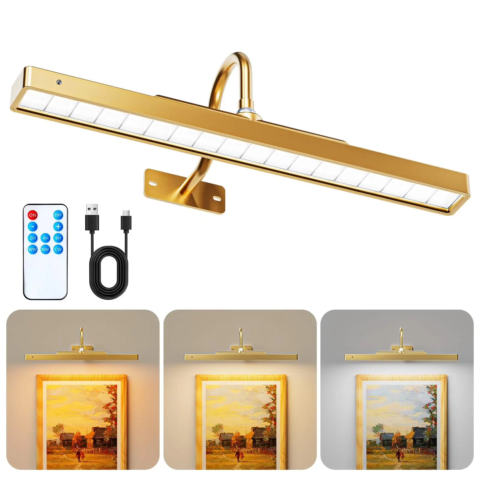 Brightown 16.5in Gold Picture Light: 5000mAh battery-operated, wireless remote with timer and dimmable features; ideal for wall-mounted paintings