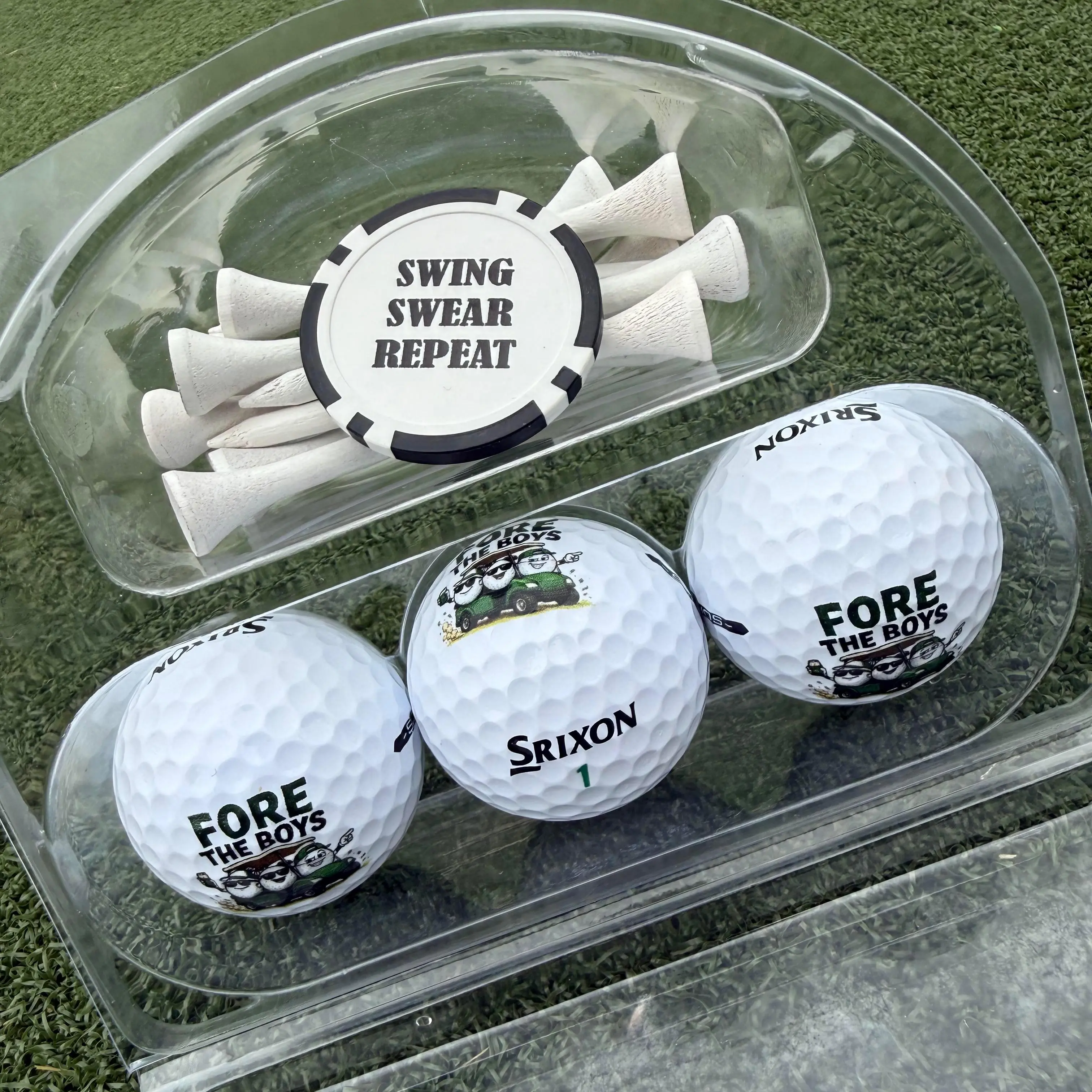 Srixon Standard Golf Ball Gift Set - 3 Balls, 10 Pins, 1 Poker Chip Marker, Funny "Fore the Boys" "Swing Swear Repeat" Quotes - Unique Gift for Golf Enthusiasts (Sports & Outdoor)