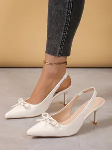 Women's New Pointed Toe Low Heel Sandals, Bow Back Cutout Slip-On Shoes, Fashion PU Rubber Sole Footwear